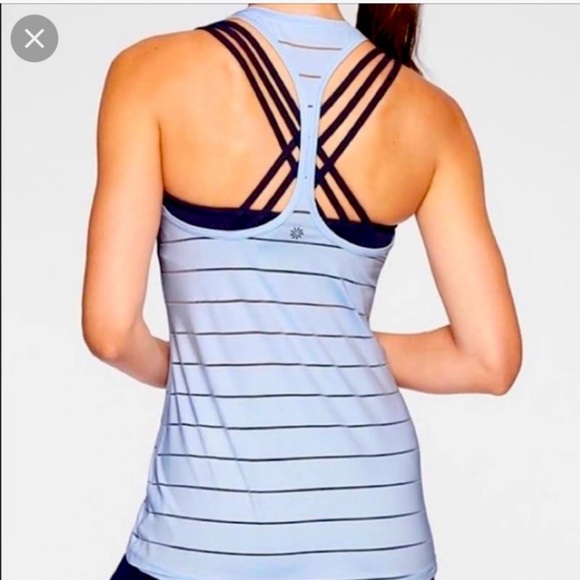 Athleta Tops Athleta Blue Chi Mesh High Neck Striped Tank Large